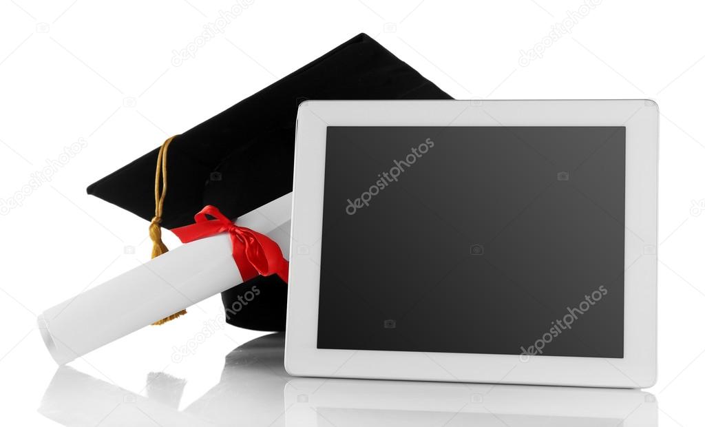 Graduation cap with tablet and diploma