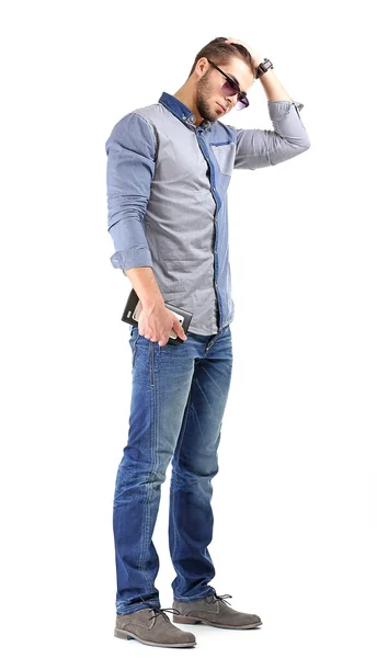 Pria dengan kemeja biru dan celana jeans terisolasi di atas putih — Stok Foto