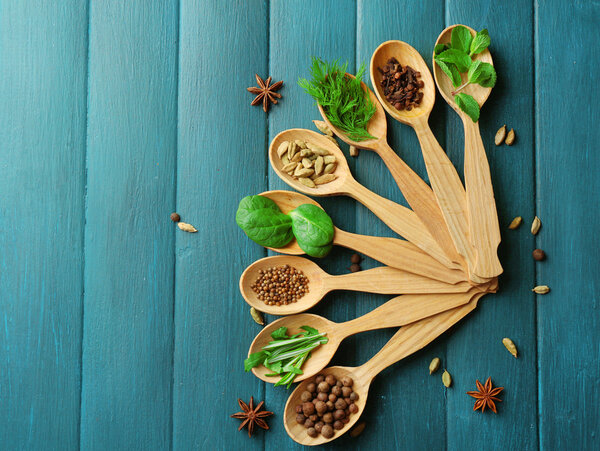 Wooden spoons with fresh herbs