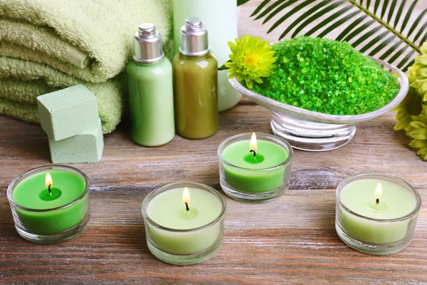Beautiful spa composition with candles on table close up — Stock Photo, Image