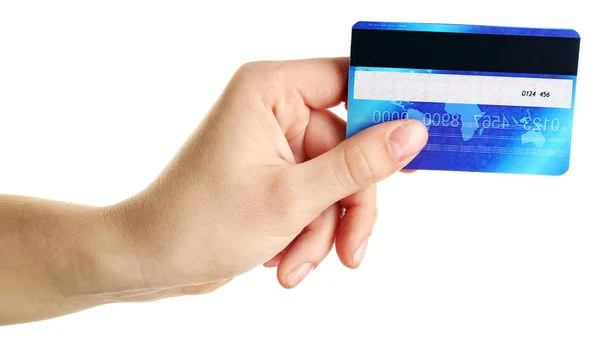 Tarjeta de crédito de mano, aislada en blanco — Foto de Stock