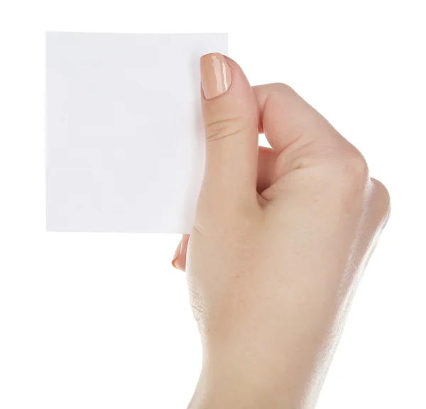 Hand holding blank card isolated on white — Stock Photo, Image