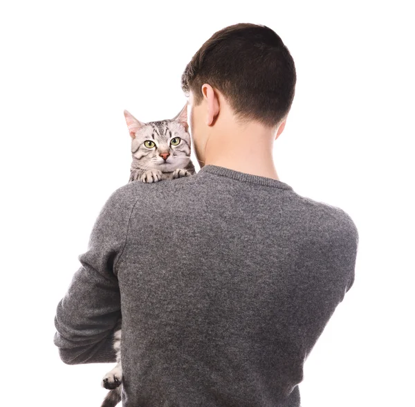 Handsome young man with cute cat isolated on white — Stock Photo, Image