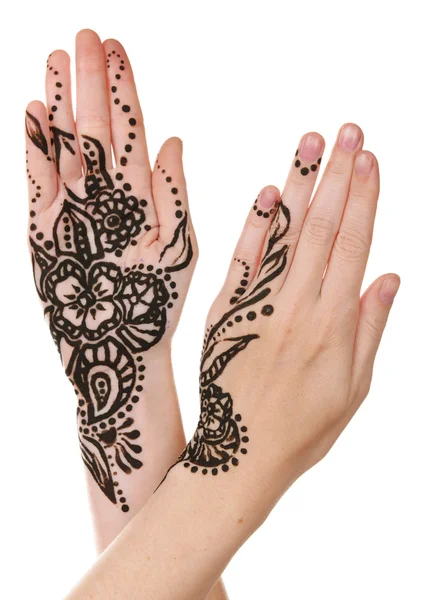 Image of henna on female hands isolated on white — Stock Photo, Image