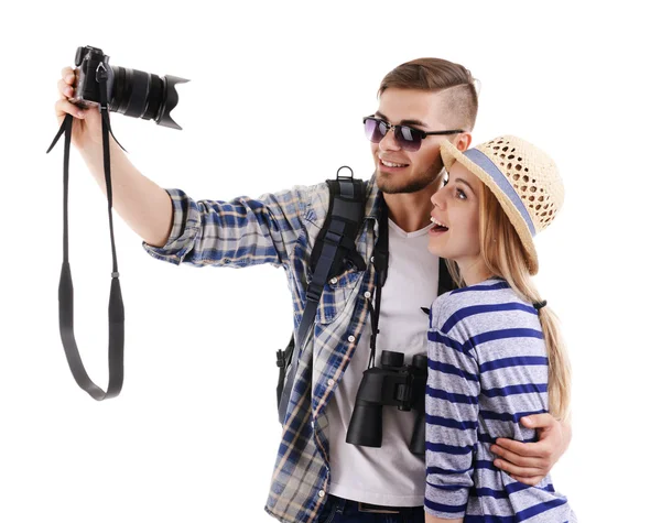 Beyaz izole kamera ile seyahat etmek çifti