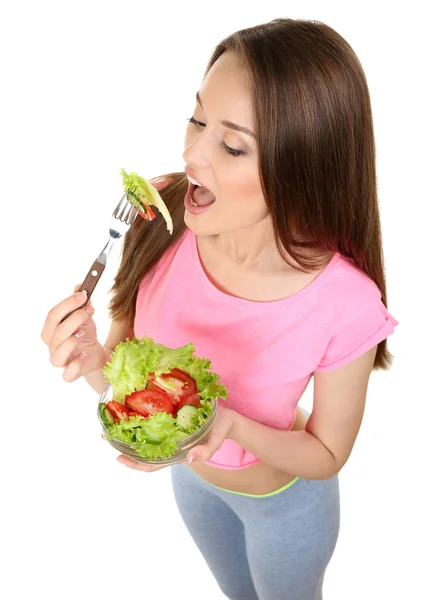 Young slim woman with glass bowl of diet salad isolated on white — Stock Photo, Image