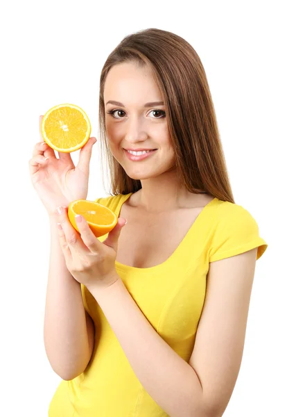 Mujer joven y saludable con rebanadas de naranja aisladas en blanco — Foto de Stock