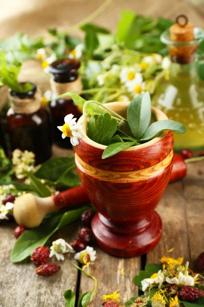 Örter, bär och blommor med murbruk — Stockfoto