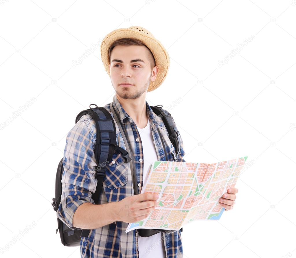 Traveler with map isolated on white