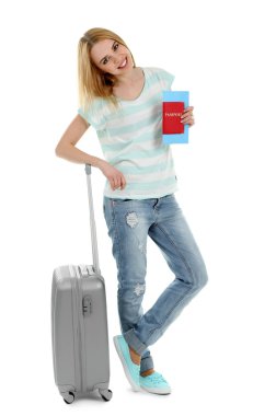 bavul, üzerinde beyaz izole tutan kadın