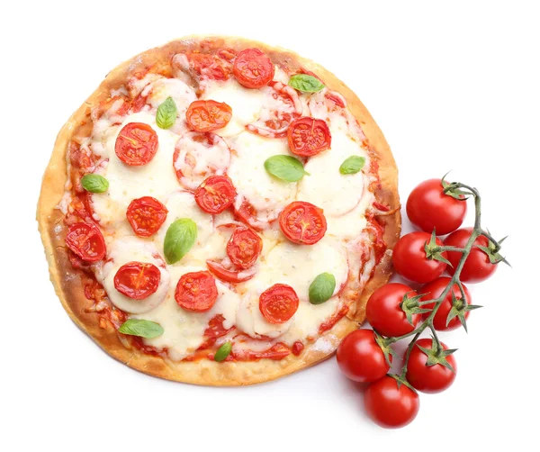 Pyszną pizzę z serem i pomidorami koktajlowymi — Zdjęcie stockowe