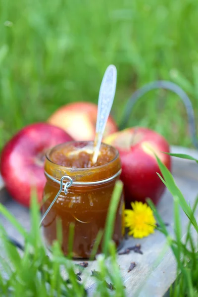 Apple jam in kruik en verse rode appels — Stockfoto