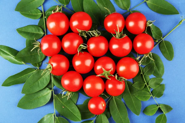 Cherry tomatoes arranged in heart shape with green leaves — Stock Photo, Image