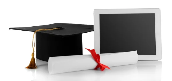 Graduation cap with tablet and diploma — Stock Photo, Image