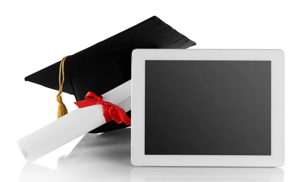 Graduation cap with tablet and diploma — Stock Photo, Image