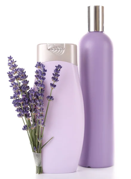 Garrafas de xampu com lavanda fresca — Fotografia de Stock