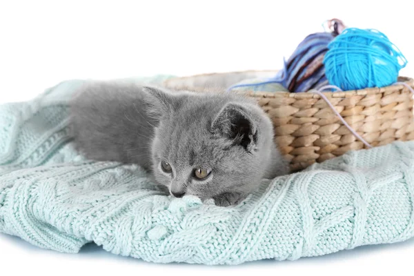 Gatito cerca de canasta de mimbre con madejas de hilo —  Fotos de Stock