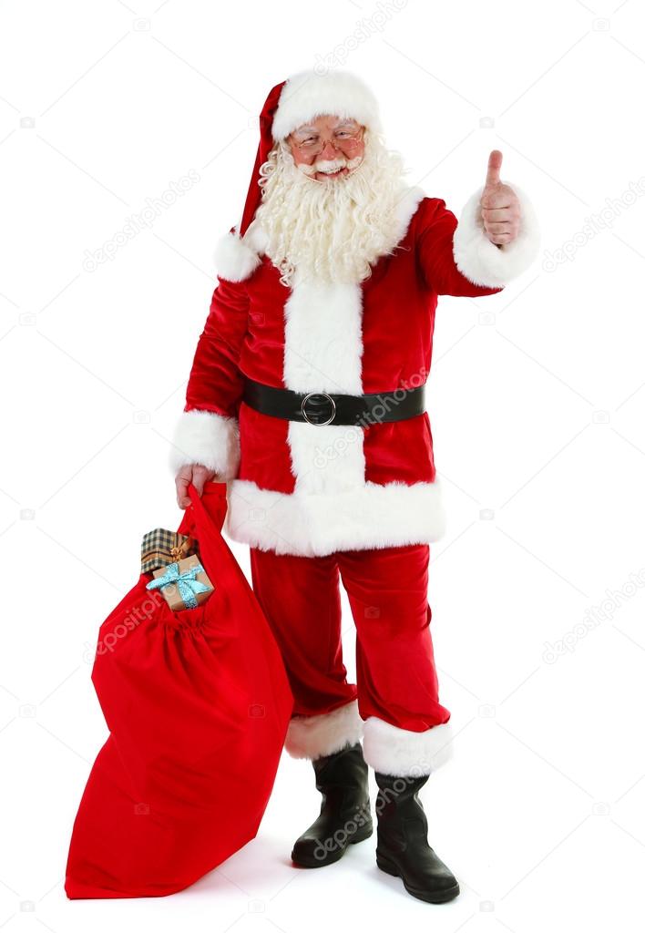 Santa Claus with bag, filled gift boxes isolated on white background