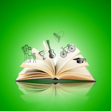 Kitap çizimler üzerinde yeşil arka plan ile açın