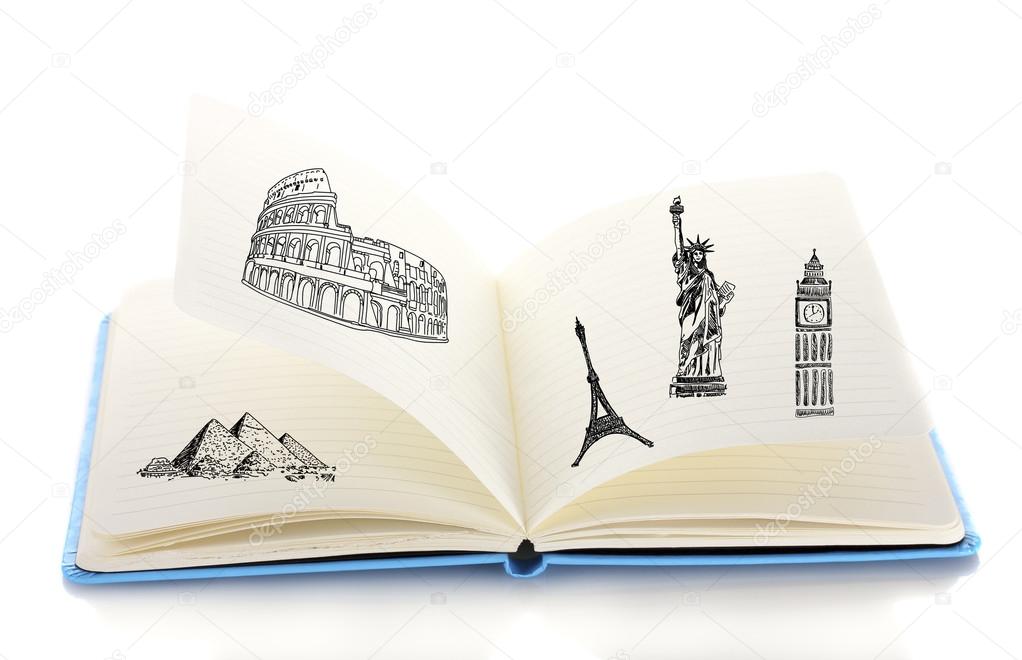 Open book with drawings isolated on white