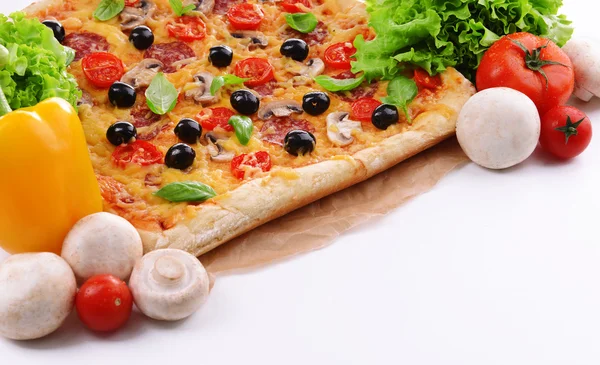 Delicious homemade pizza on white background — Stock Photo, Image