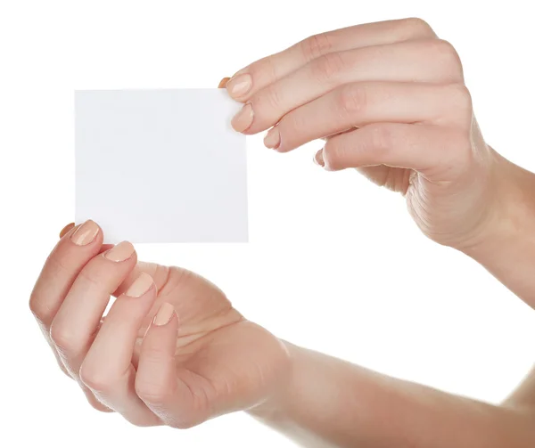 Händer som håller blankt kort isolerat på vitt — Stockfoto