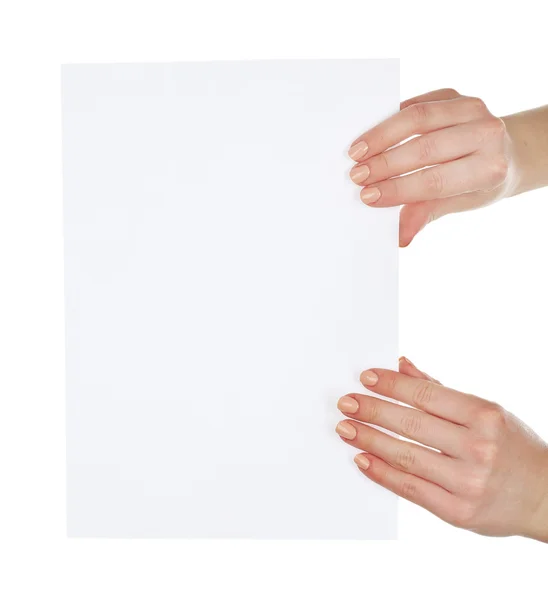 Ruce držící prázdnou kartu izolovanou na bílé — Stock fotografie