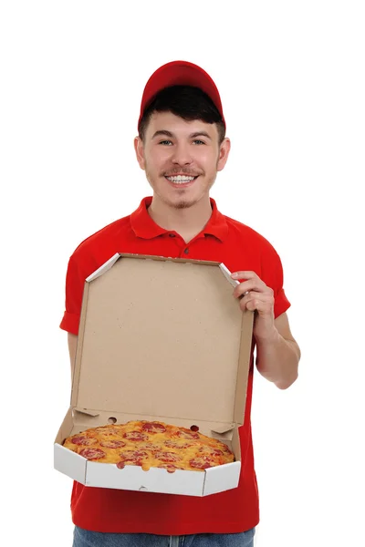 Entrega menino com caixa de pizza de papelão isolado em branco — Fotografia de Stock