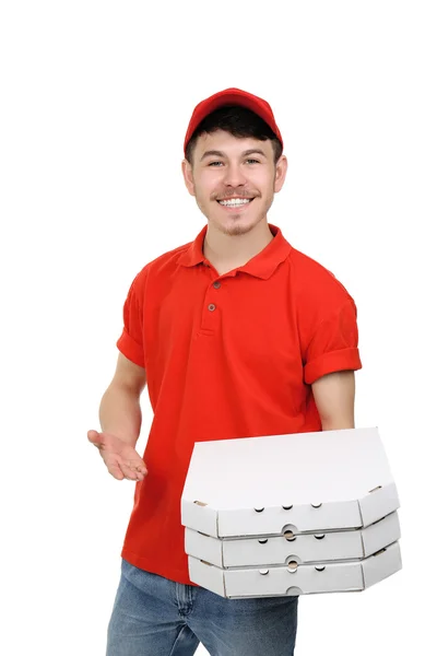 Delivery boy with cardboard pizza box isolated on white — Stock Photo, Image