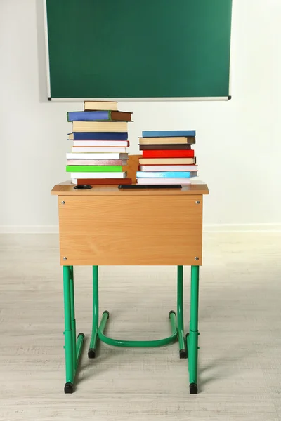 Trä skrivbord med böcker och stol i klass på blackboard bakgrund — Stockfoto