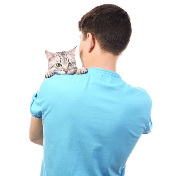 Handsome young man with cute cat isolated on white — Stock Photo, Image