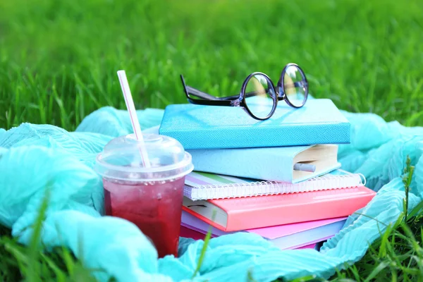 Kitap, gözlük ve içki çim yakın çekim — Stok fotoğraf