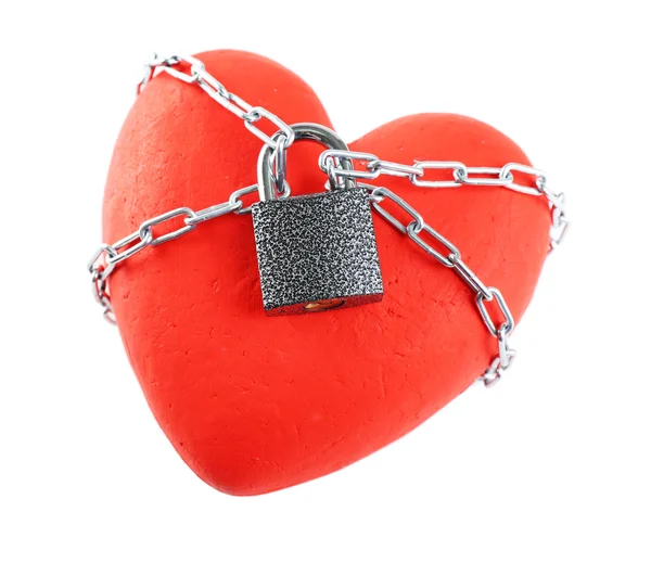 Red heart with metal chain — Stock Photo, Image