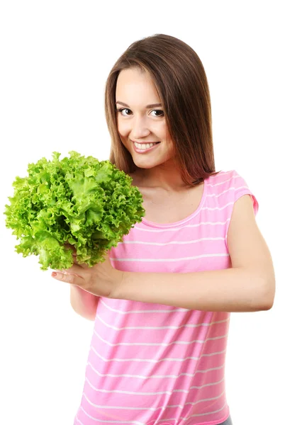 Healthy young woman with bunch of lettuce isolated on white — Stock Photo, Image