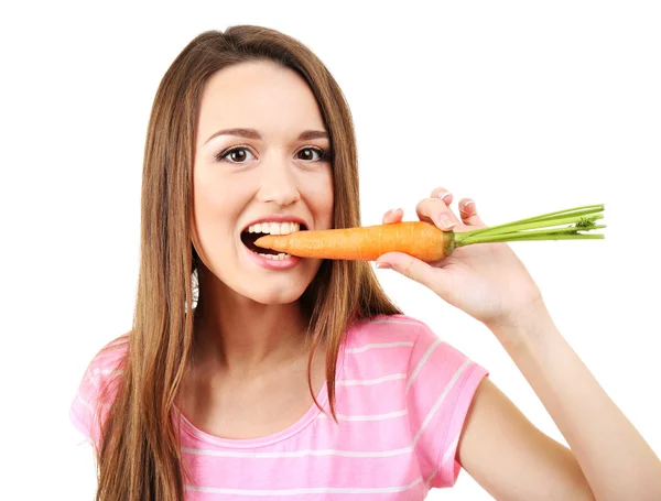 Giovane donna sana con carota isolata su bianco — Foto Stock