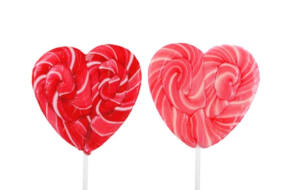 Two heart shaped lollipops isolated on white — Stock Photo, Image