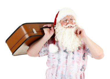 Noel Baba holding bavul, üzerinde beyaz izole