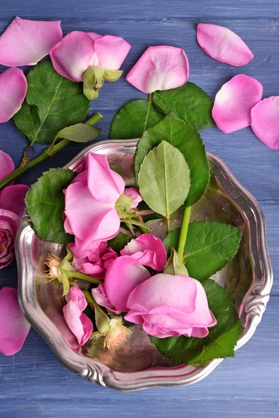 Hermosas rosas rosadas en placa de metal en la mesa de madera, vista superior —  Fotos de Stock