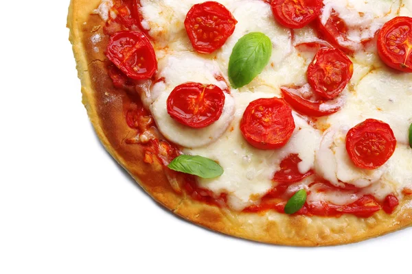 Pizza deliciosa com queijo e tomate cereja isolados em branco — Fotografia de Stock