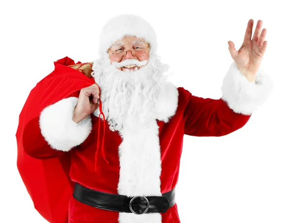 Kerstman met zak, gevuld geschenkdozen geïsoleerd op witte achtergrond — Stockfoto