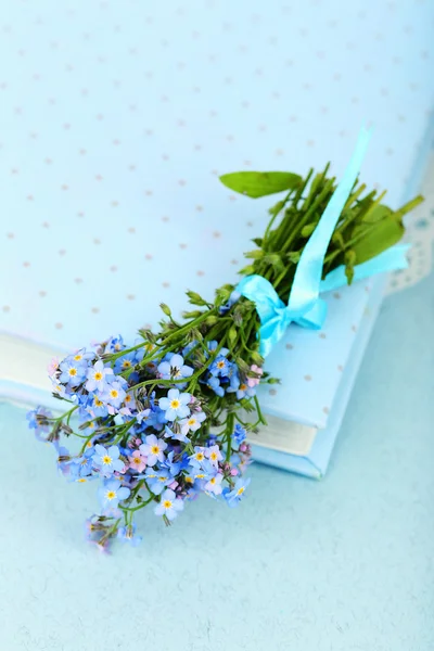 Forget-me-nots kwiaty na książki, na niebieskim tle — Zdjęcie stockowe