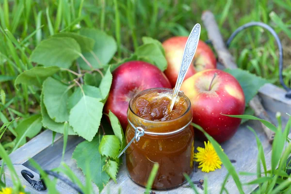 Apple jam in kruik en verse rode appels op gras — Stockfoto