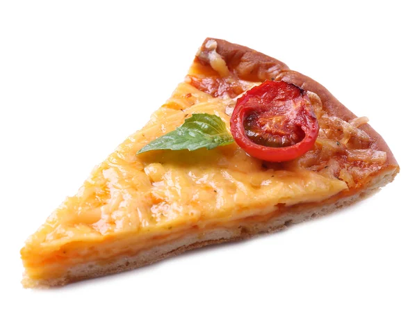 Slice of tasty cheese pizza with basil and cherry tomato isolated on white — Stock Photo, Image