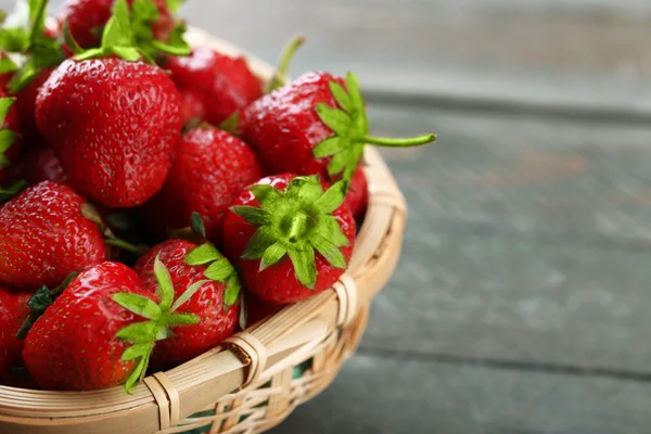 Fraises mûres rouges dans un panier en osier — Photo