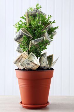 Decorative tree in pot with money on wooden background clipart