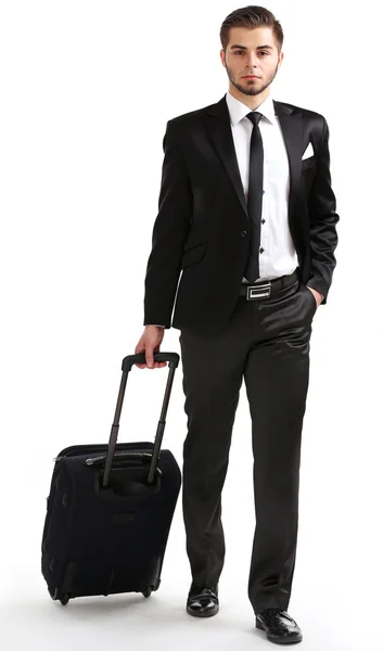 Elegant man in suit with suitcase isolated on white — Stock Photo, Image