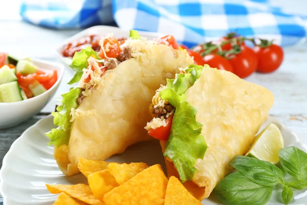 Taco saboroso com batatas fritas e legumes nachos — Fotografia de Stock