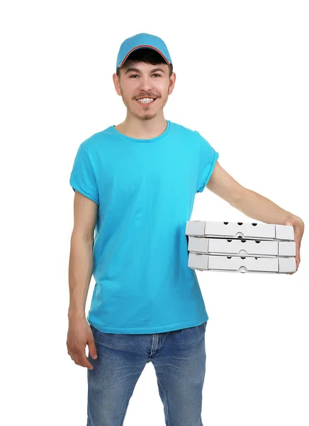 Entrega menino com caixa de pizza de papelão isolado em branco — Fotografia de Stock