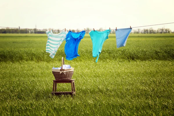 Línea de lavandería con ropa en el campo —  Fotos de Stock