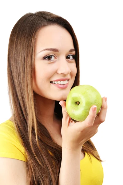 Здоровая молодая женщина с зеленым яблоком изолированы на белом — стоковое фото